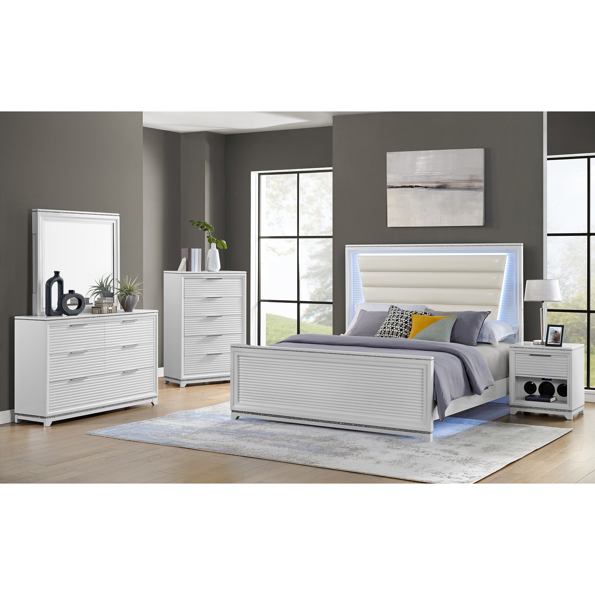 Denmark Full UPH Bed with Lights in White – SKU B-14260-7-FUB | Elements