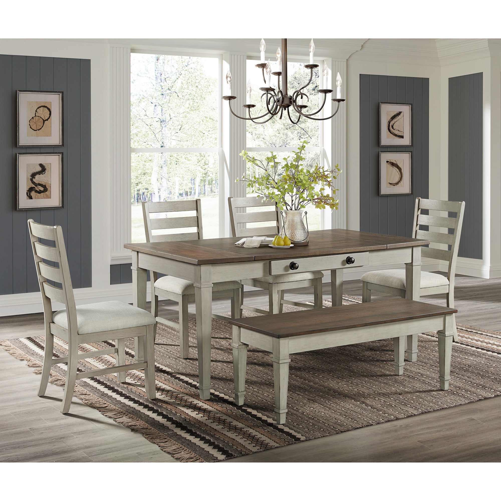 Farm Life Storage Dining Bench in Medium Brown and Washed Stone – SKU D-9890-7-BN | Elements