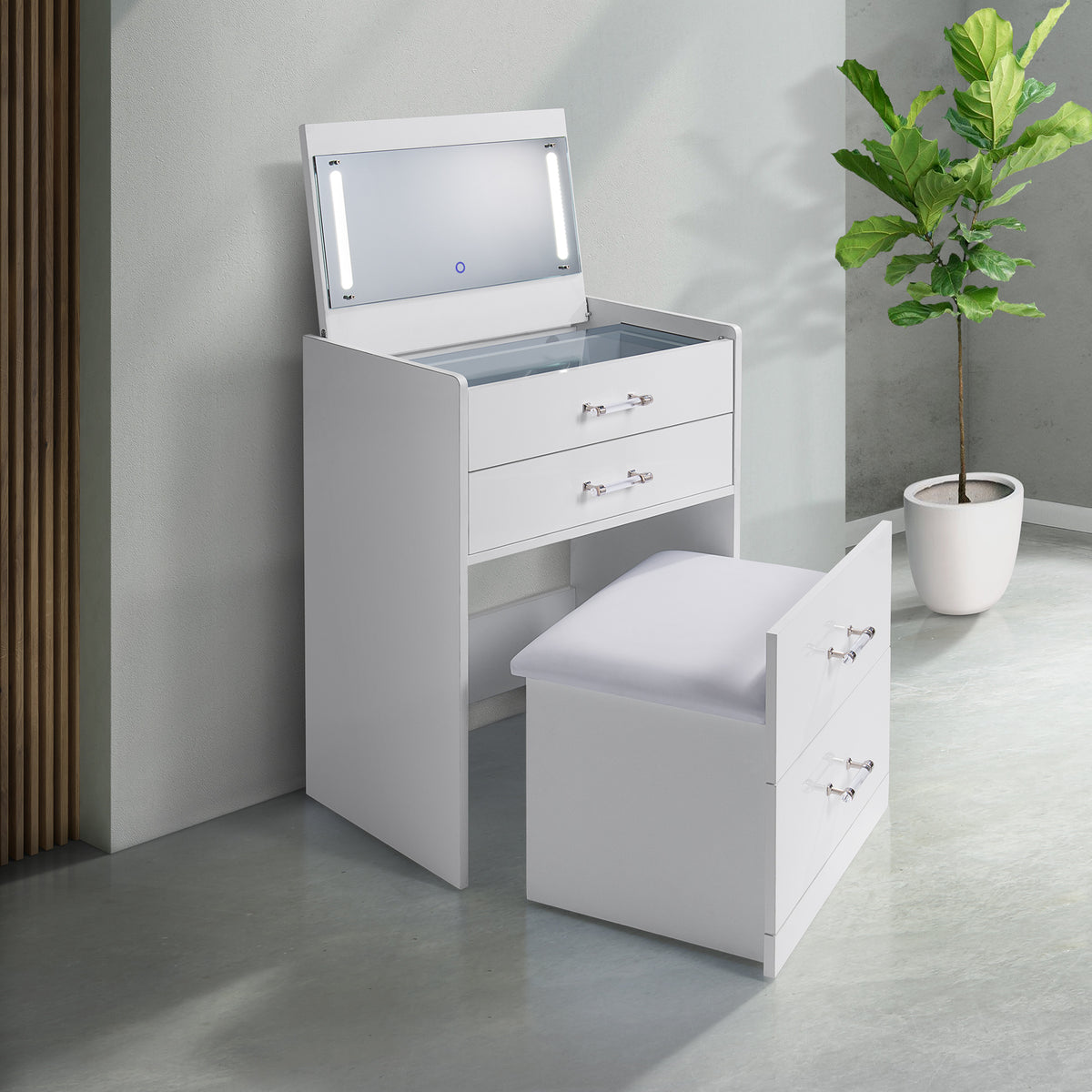 Irvine Mini Dressing Table with Stool, LED and USB in Glossy White – SKU V-13260-7-VNSP | Elements
