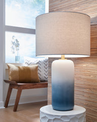 Hoover Furniture Outlet - Ashley Furniture - Lemrich Table Lamp - Ceramic Table Lamp (1/CN) / White/Teal - L123874