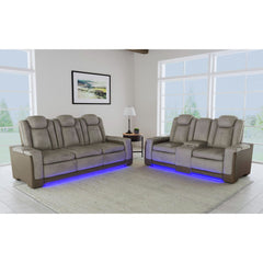 Easy Comfort Power Motion Loveseat with Power Headrest, Led, and Console in Rocky Grey/Brown