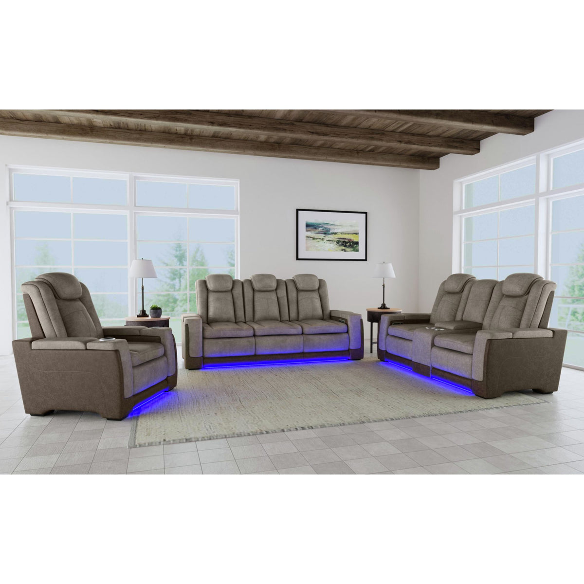 Easy Comfort Power Motion Loveseat with Power Headrest, Led, and Console in Rocky Grey/Brown – SKU U-13660-10560-285PP | Elements