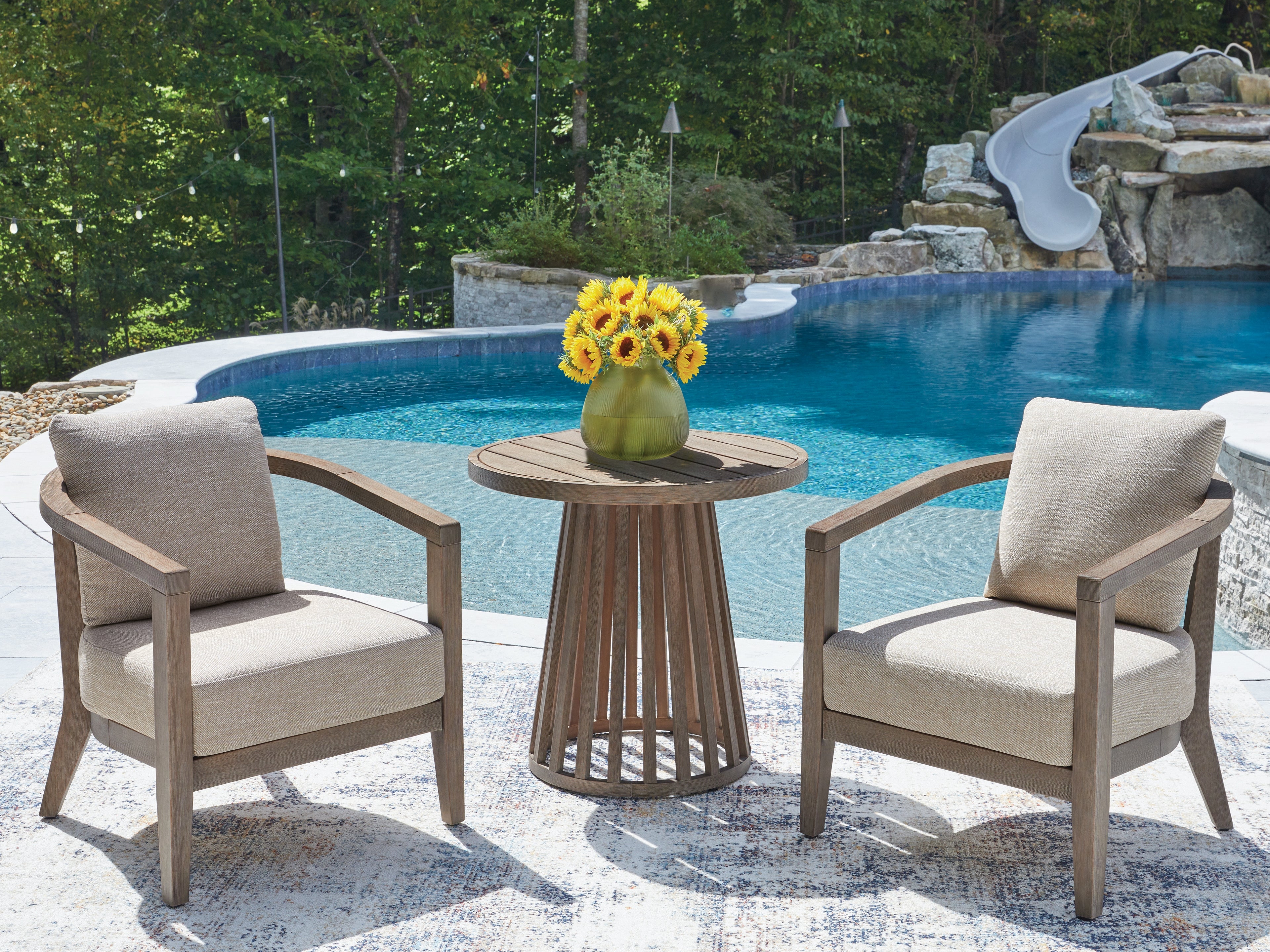 Hoover Furniture Outlet - Ashley Furniture - Joy Lagoon Outdoor Chairs with Cushions/Table (Set of 3) - Chairs w/CUSH/Table Set (3/CN) - PCP310-050