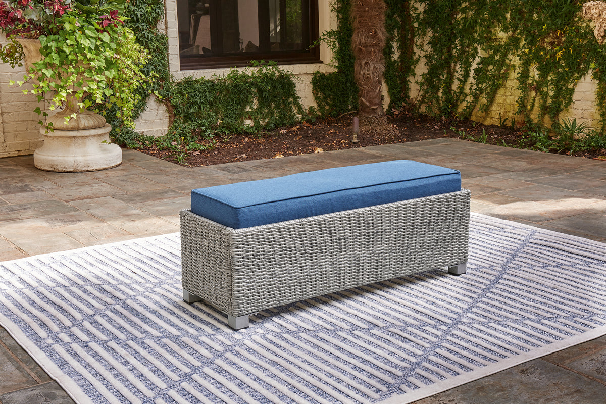 Hoover Furniture Outlet - Ashley Furniture - Naples Beach Outdoor Bench with Cushion - Bench with Cushion / Light Gray - P439-600