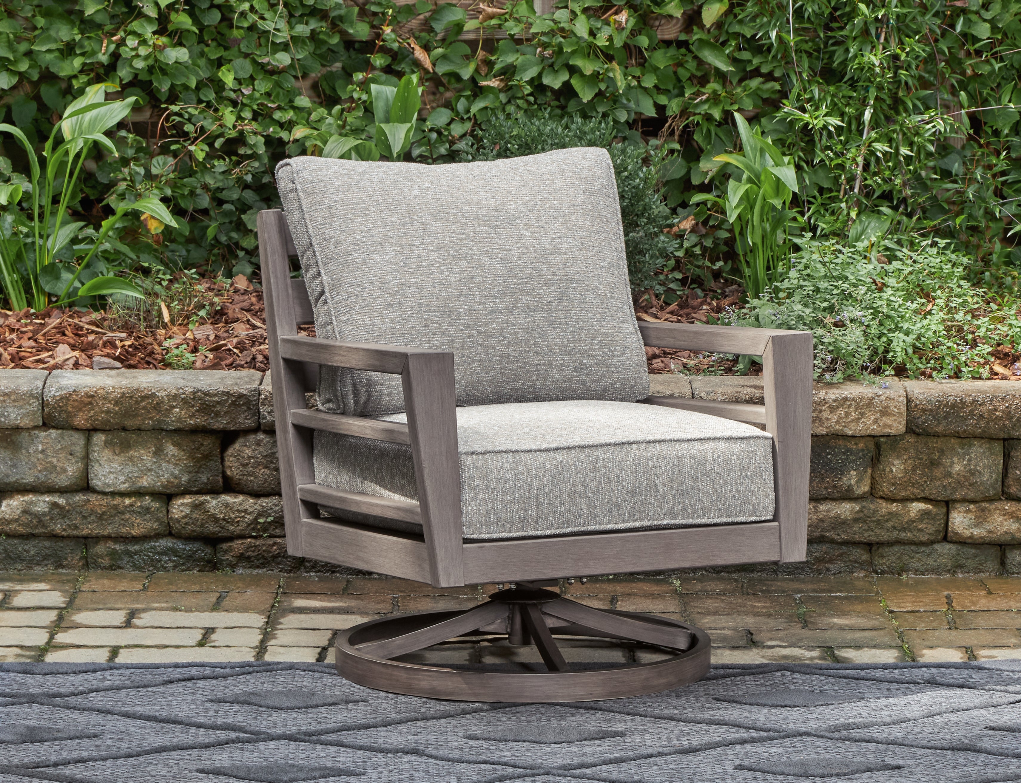 Hoover Furniture Outlet - Ashley Furniture - Hillside Barn Outdoor Swivel Lounge with Cushion - Swivel Lounge w/ Cushion / Gray/Brown - P564-821