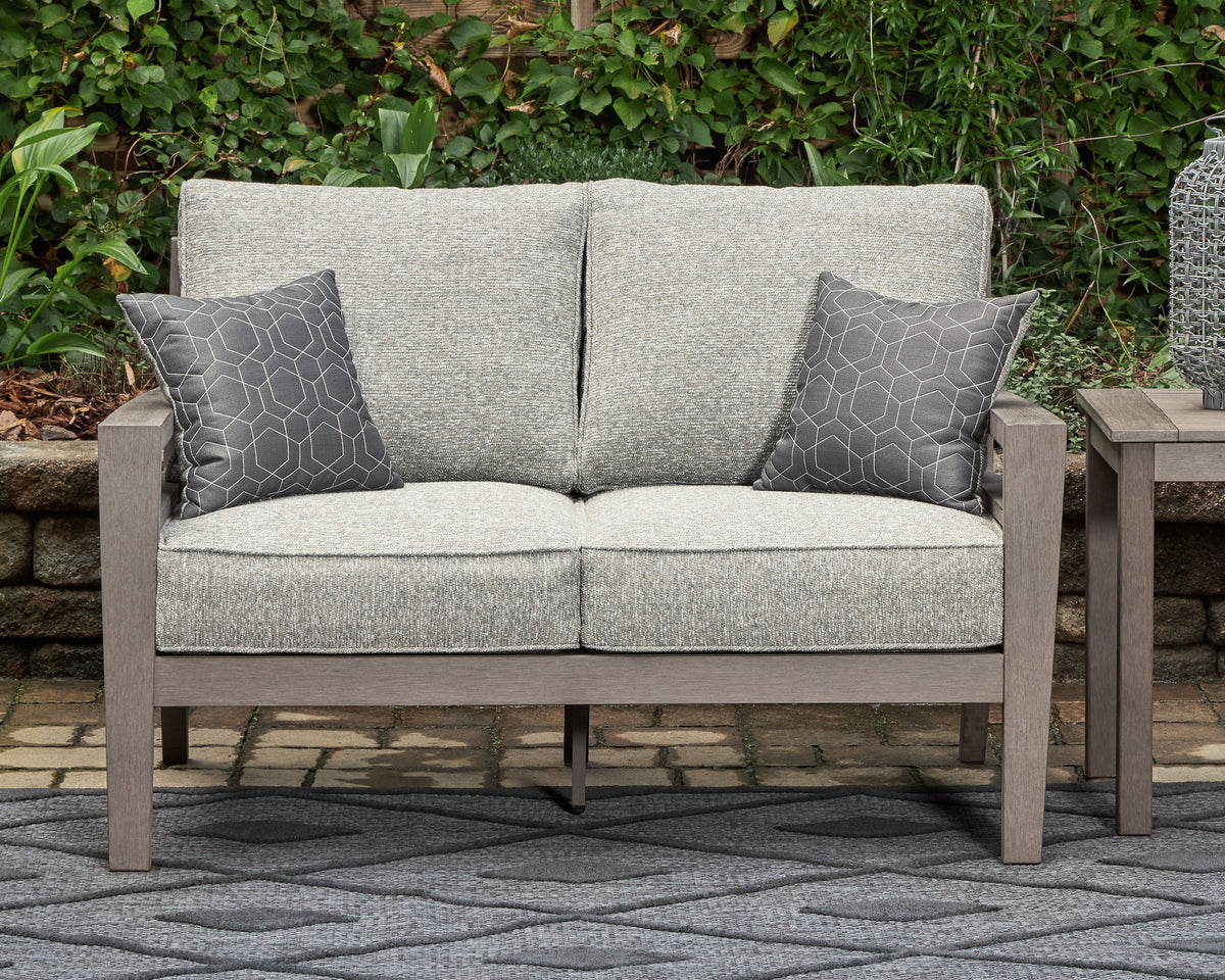Hoover Furniture Outlet - Ashley Furniture - Hillside Barn Outdoor Loveseat with Cushion - Loveseat w/Cushion / Gray/Brown - P564-835