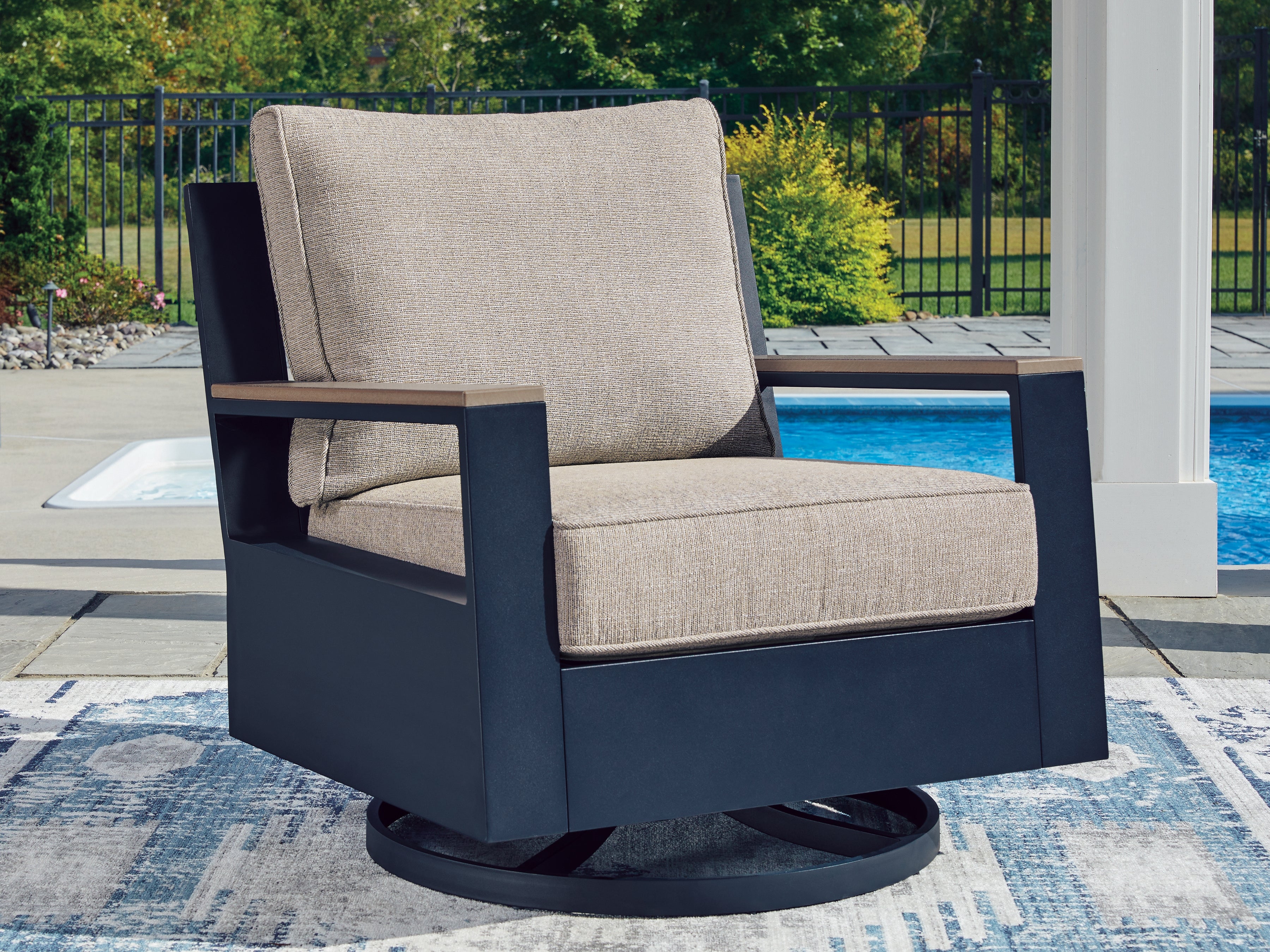 Hoover Furniture Outlet - Ashley Furniture - East Beach Outdoor Swivel Glider Chair with Cushion - Swivel Glider Chair w/Cushion - PCP587-821