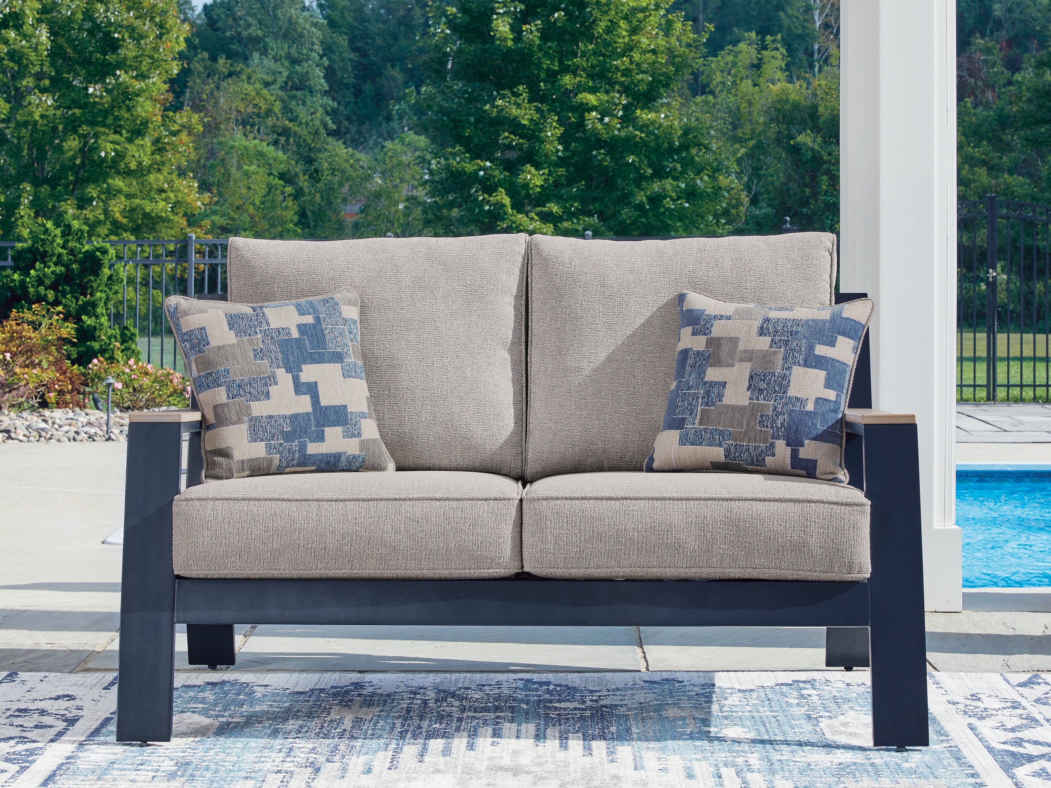Hoover Furniture Outlet - Ashley Furniture - East Beach Outdoor Loveseat with Cushion - Loveseat w/Cushion - PCP587-835