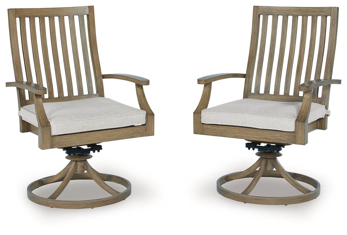 Hoover Furniture Outlet - Ashley Furniture - Rainier Ranch Outdoor Swivel Chair with Cushion (Set of 2) - Swivel Chair w/Cushion (Set of 2) / Brown/Beige - P701-602A