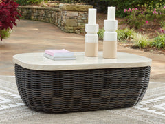 Hoover Furniture Outlet - Ashley Furniture - Kimora Outdoor Coffee Table - Rectangular Cocktail Table / Beige/Dark Brown - P711-701