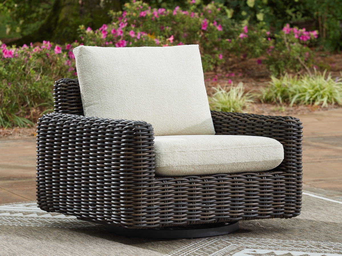 Hoover Furniture Outlet - Ashley Furniture - Kimora Outdoor Swivel Lounge Chair - Swivel Glider Lounge w/Cushion / Beige/Dark Brown - P711-821