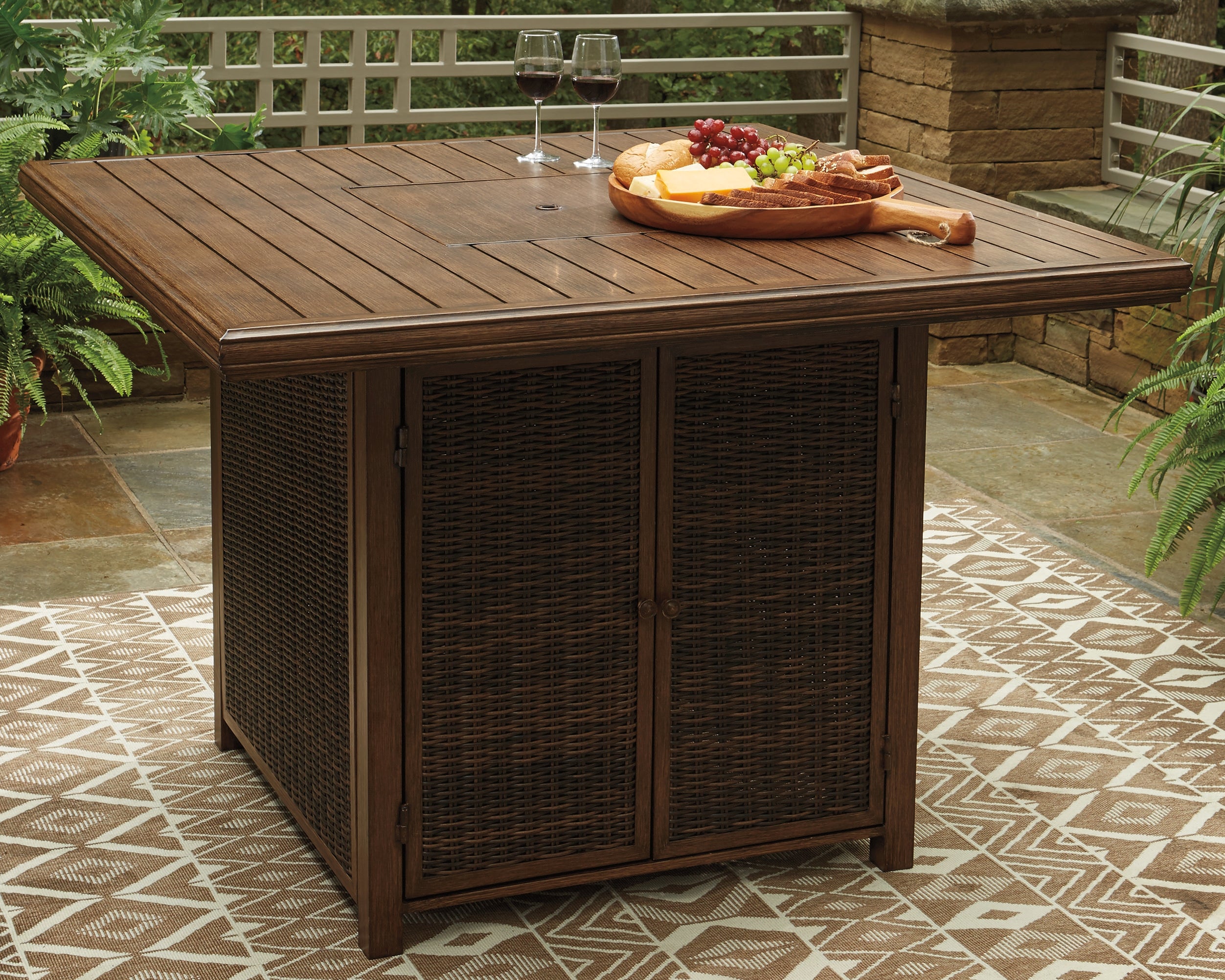 Hoover Furniture Outlet - Ashley Furniture - Paradise Trail Bar Table with Fire Pit - Square Bar Table w/Fire Pit / Medium Brown - P750-665