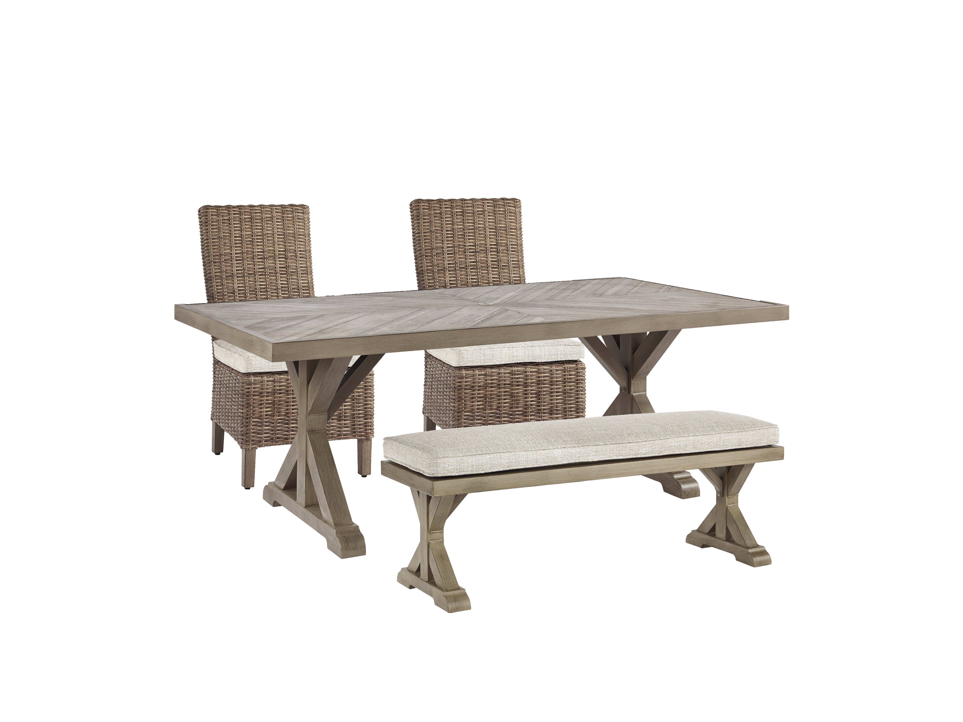 Hoover Furniture Outlet - Ashley Furniture - Beachcroft Outdoor Dining Table with 2 Chairs and 2 Benches - Outdoor Dining Table with 2 Chairs and 2 Benches - P791P3