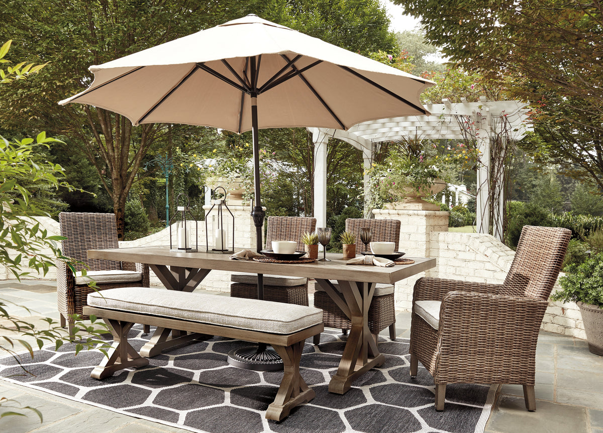 Hoover Furniture Outlet - Ashley Furniture - Beachcroft Outdoor Dining Table - RECT Dining Table w/UMB OPT / Beige - P791-625