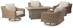 Hoover Furniture Outlet - Ashley Furniture - Beachcroft 5-Piece Outdoor Fire Pit Table with 4 Chairs - 5-Piece Outdoor Fire Pit Table with 4 Chairs / Beige - P791P17