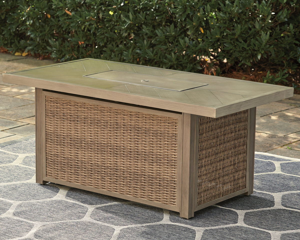 Hoover Furniture Outlet - Ashley Furniture - Beachcroft Outdoor Fire Pit Table - Rectangular Fire Pit Table / Beige - P791-773