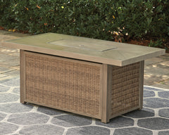 Hoover Furniture Outlet - Ashley Furniture - Beachcroft Outdoor Fire Pit Table - Rectangular Fire Pit Table / Beige - P791-773