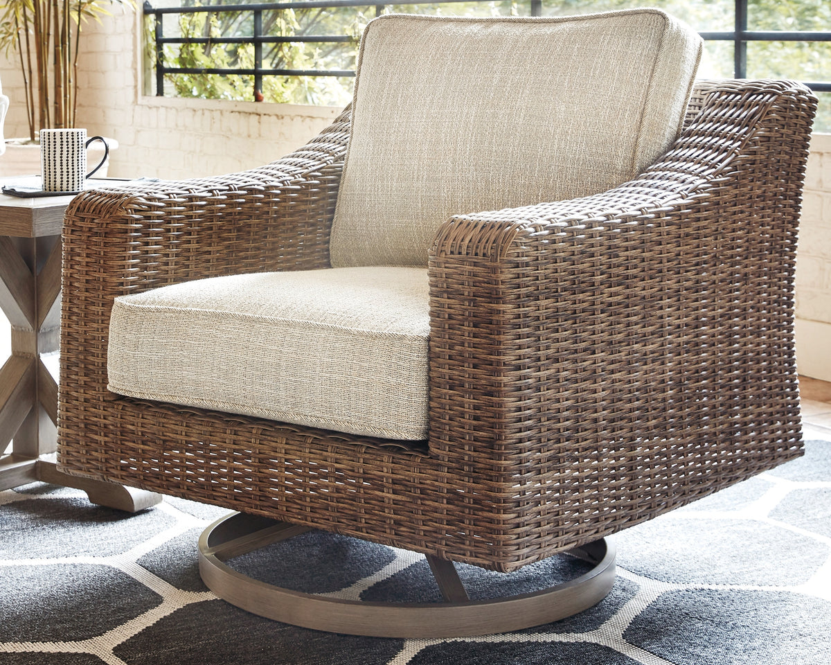 Hoover Furniture Outlet - Ashley Furniture - Beachcroft Outdoor Swivel Lounge with Cushion - Swivel Lounge Chair (1/CN) / Beige - P791-821