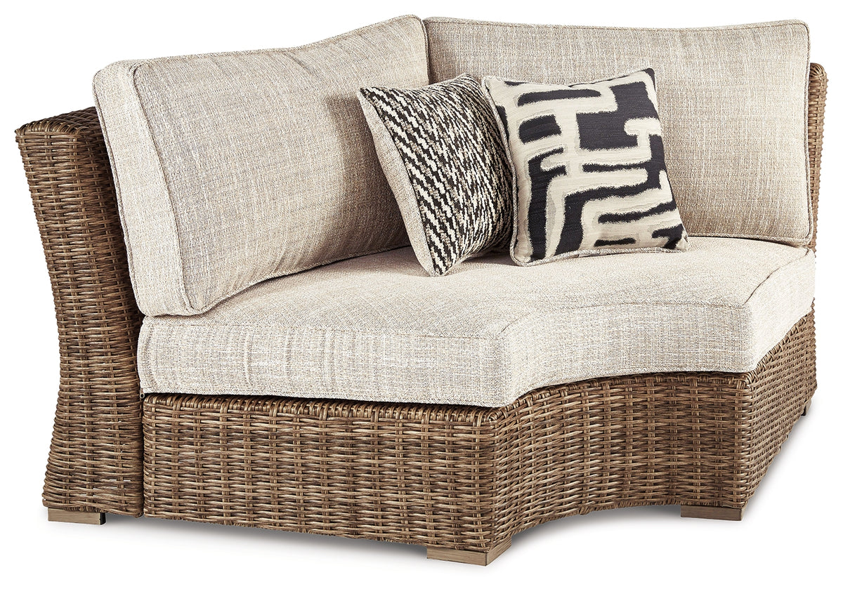 Hoover Furniture Outlet - Ashley Furniture - Beachcroft Outdoor Curved Corner Chair with Cushion - Curved Corner Chair w/Cushion / Beige - P791-851
