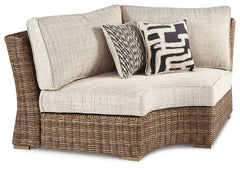 Hoover Furniture Outlet - Ashley Furniture - Beachcroft Outdoor Curved Corner Chair with Cushion - Curved Corner Chair w/Cushion / Beige - P791-851