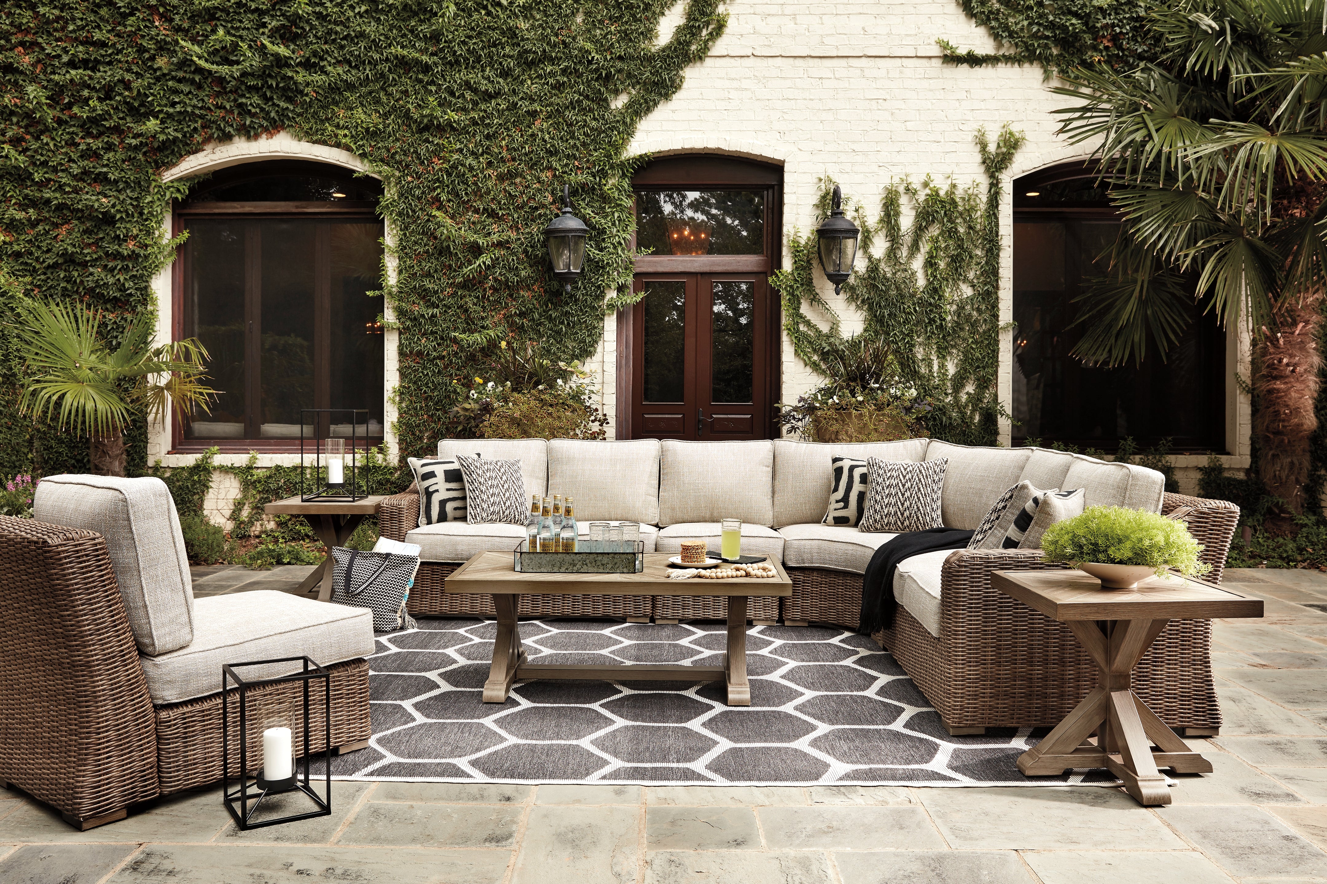 Hoover Furniture Outlet - Ashley Furniture - Beachcroft 5-Piece Outdoor Sectional with Coffee Table and 2 End Tables - 5-Piece Outdoor Sectional with Coffee Table and 2 End Tables - P791P10