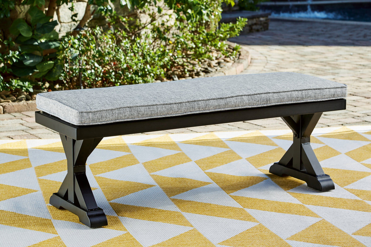 Hoover Furniture Outlet - Ashley Furniture - Beachcroft Outdoor Bench with Cushion - Bench with Cushion / Black/Light Gray - P792-600
