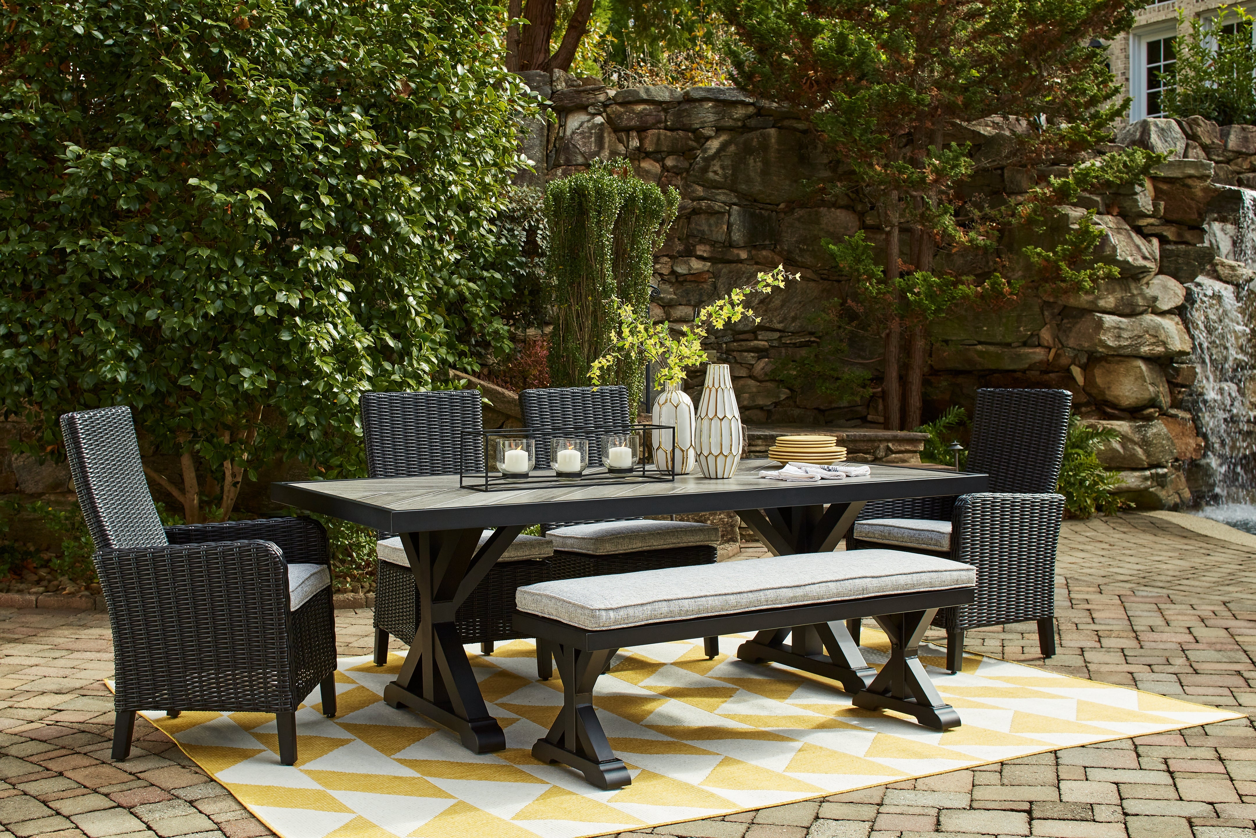 Hoover Furniture Outlet - Ashley Furniture - Beachcroft Outdoor Dining Table, 4 Chairs and Bench - Outdoor Dining Table, 4 Chairs and Bench - P792P4