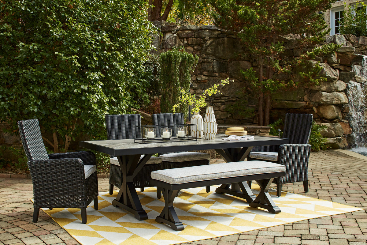 Hoover Furniture Outlet - Ashley Furniture - Beachcroft Outdoor Dining Table, 4 Chairs and Bench - Outdoor Dining Table, 4 Chairs and Bench - P792P4