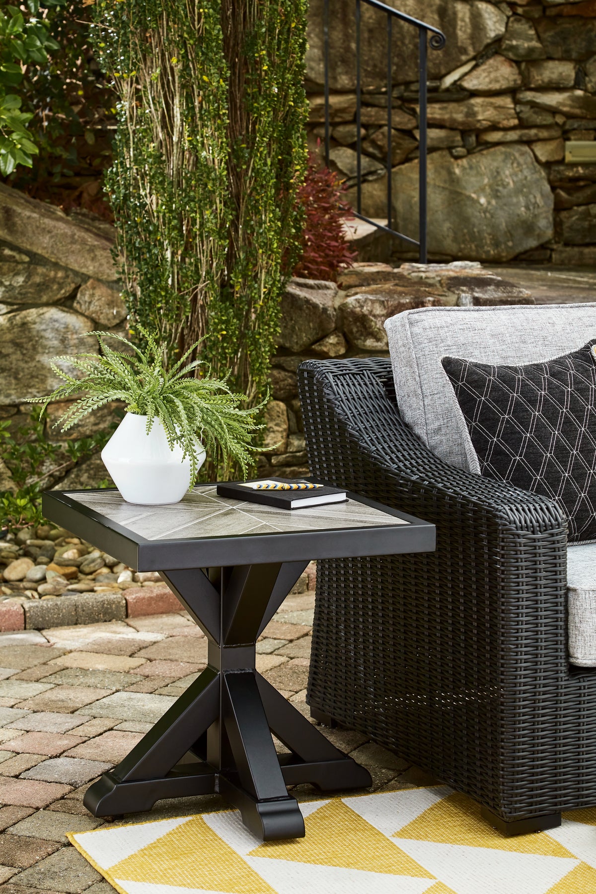 Hoover Furniture Outlet - Ashley Furniture - Beachcroft Outdoor End Table - Square End Table / Black/Light Gray - P792-702
