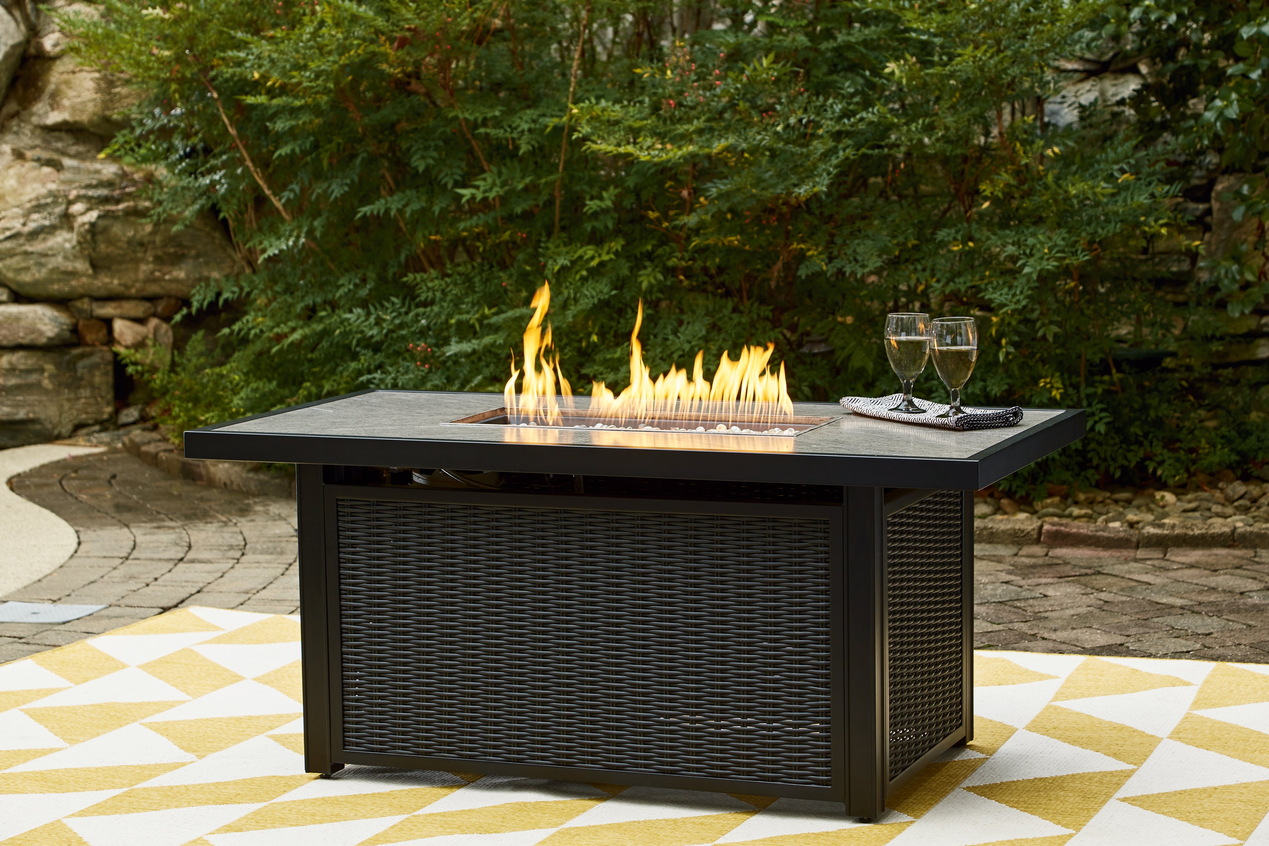 Hoover Furniture Outlet - Ashley Furniture - Beachcroft Outdoor Fire Pit Table - Rectangular Fire Pit Table / Black/Light Gray - P792-773