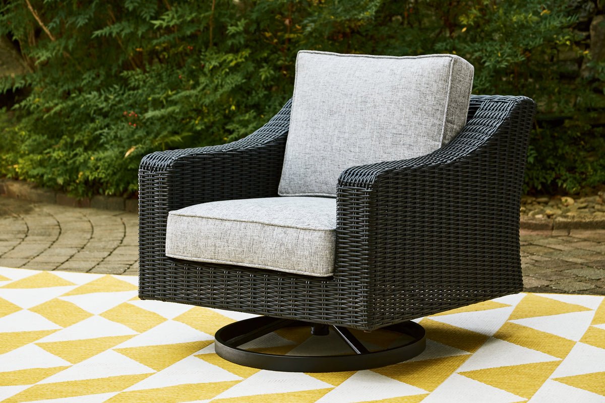 Hoover Furniture Outlet - Ashley Furniture - Beachcroft Outdoor Swivel Lounge with Cushion - Swivel Lounge Chair (1/CN) / Black/Light Gray - P792-821