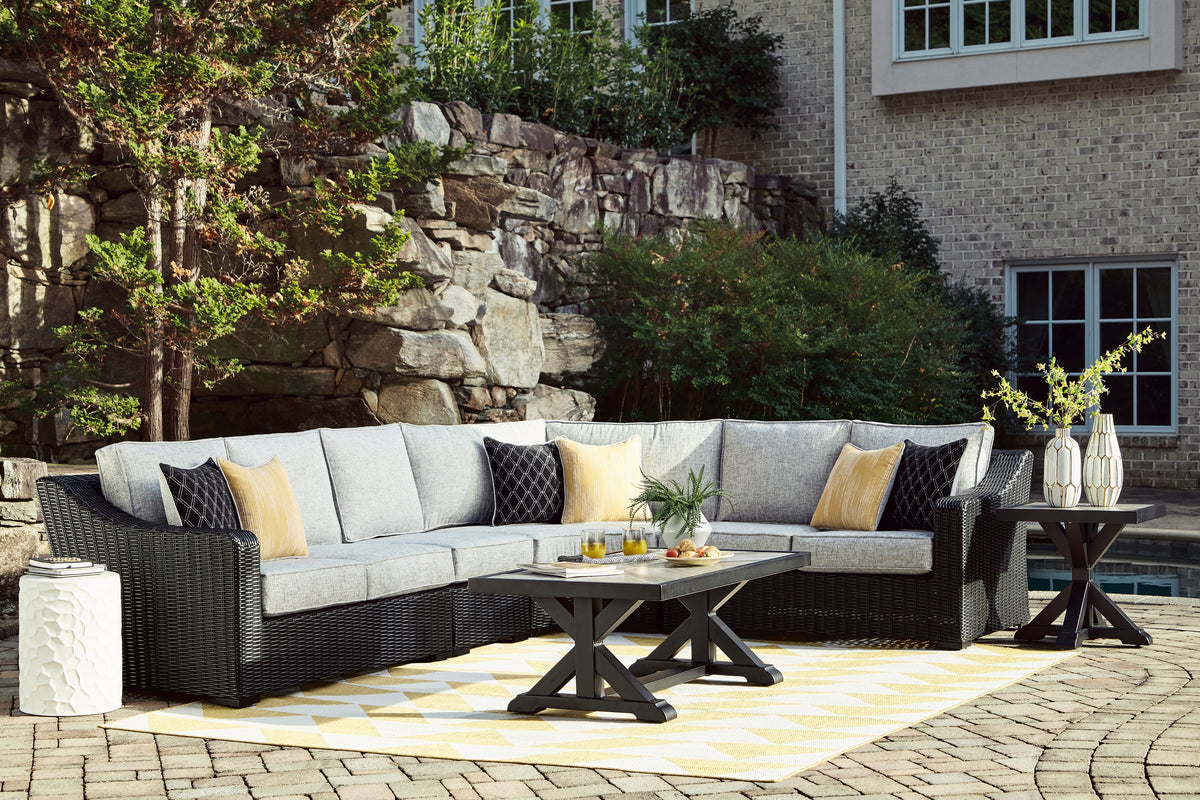 Hoover Furniture Outlet - Ashley Furniture - Beachcroft 4-Piece Outdoor Sectional - 4-Piece Outdoor Sectional / Black/Light Gray - P792P2