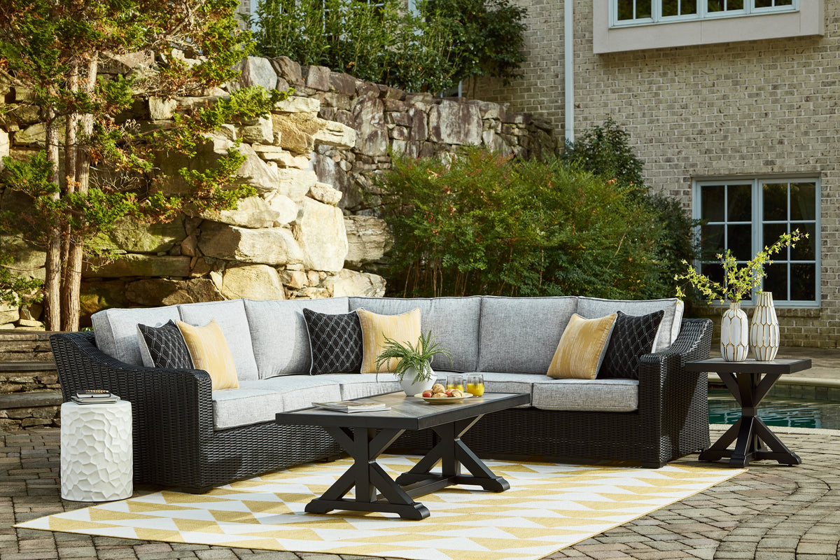 Hoover Furniture Outlet - Ashley Furniture - Beachcroft 3-Piece Outdoor Sectional - 3-Piece Outdoor Sectional / Black/Light Gray - P792P1