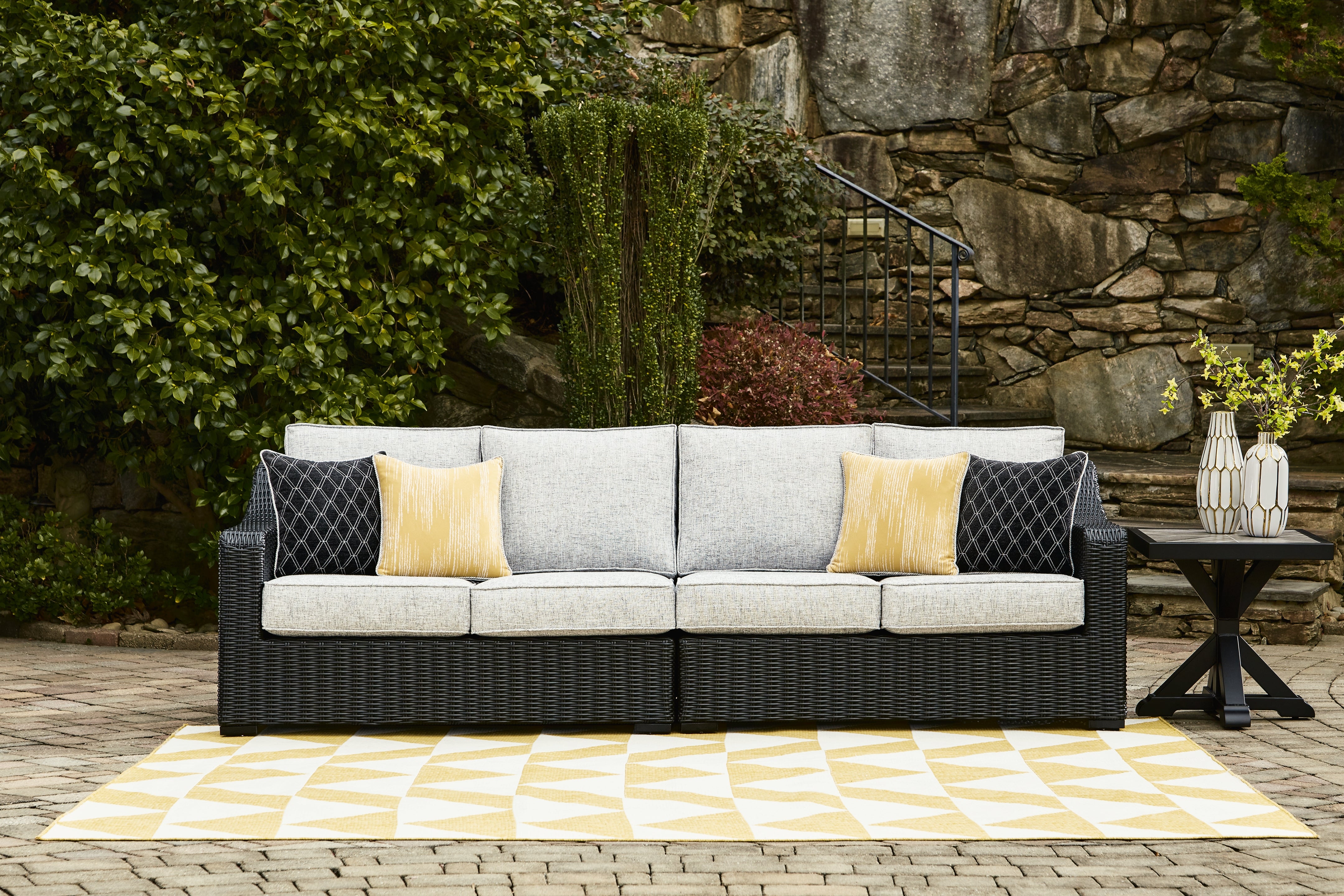 Hoover Furniture Outlet - Ashley Furniture - Beachcroft 2-Piece Outdoor Loveseat with Cushion - RAF/LAF Loveseat w/CUSH (Set of 2) / Black/Light Gray - P792-854