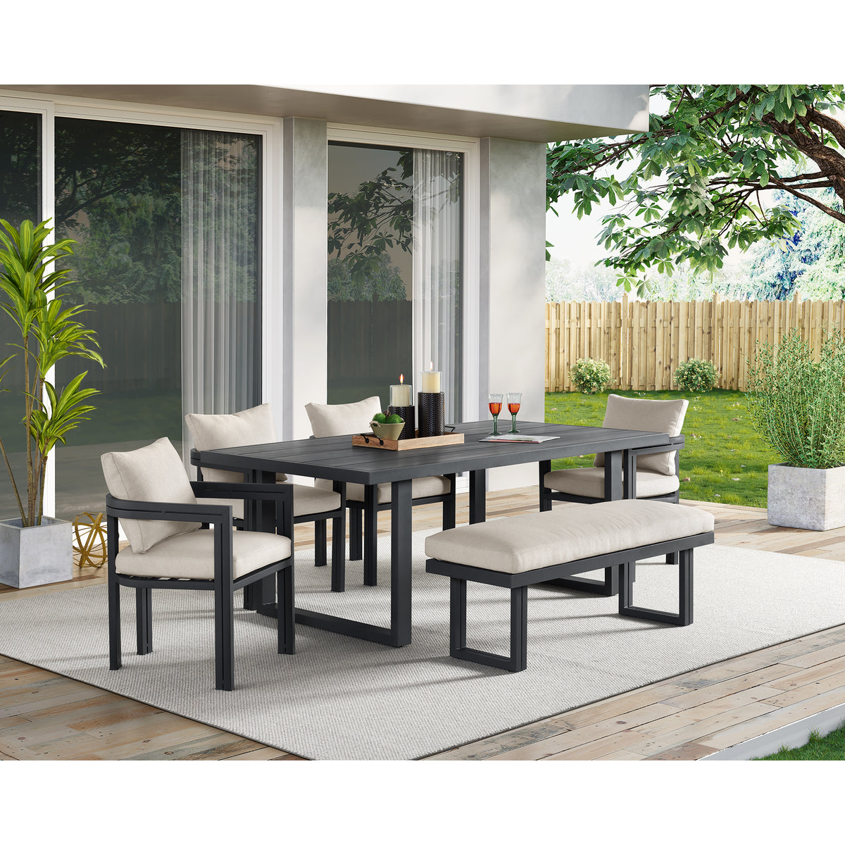 Playa Dining Bench - Dark Grey and Olefin Beige – SKU O-16230-3-BN | Elements