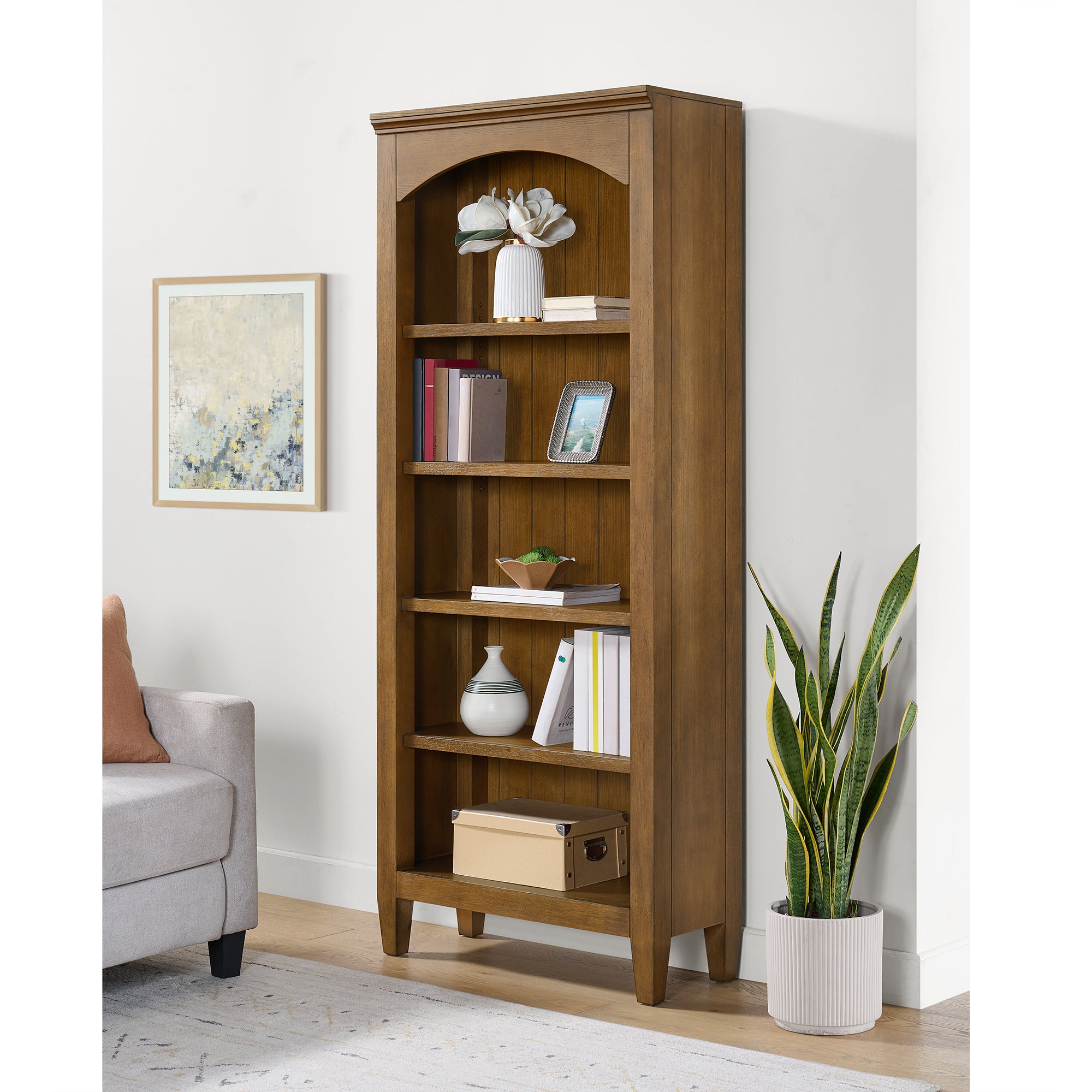 Portico Open Bookcase in Brown Oak – SKU H-15970-6-BC1 | Elements
