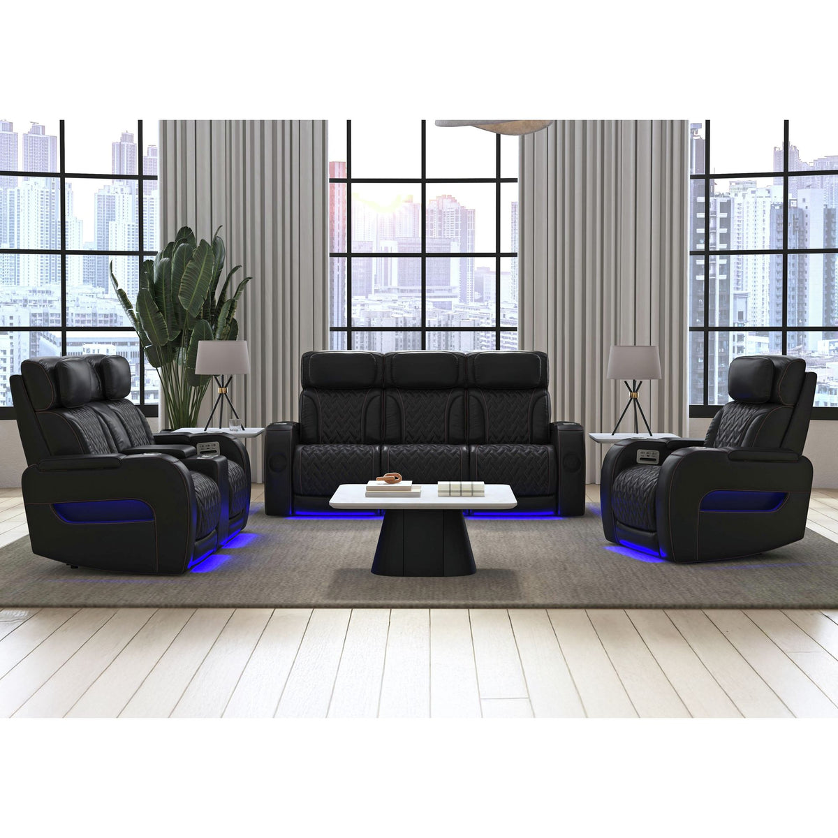 Prime Time P3 Loveseat with LED, wireless charger pocket, and Console in Jett Black with Red Stitching – SKU U-16330-10450-285PPPR | Elements