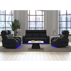 Prime Time P3 Loveseat with LED, wireless charger pocket, and Console in Jett Black with Red Stitching – SKU U-16330-10450-285PPPR | Elements