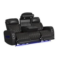 Prime Time P3 Sofa with I Table, reading light, heat, massage, LED, and speaker in Jett Black with Red Stitching