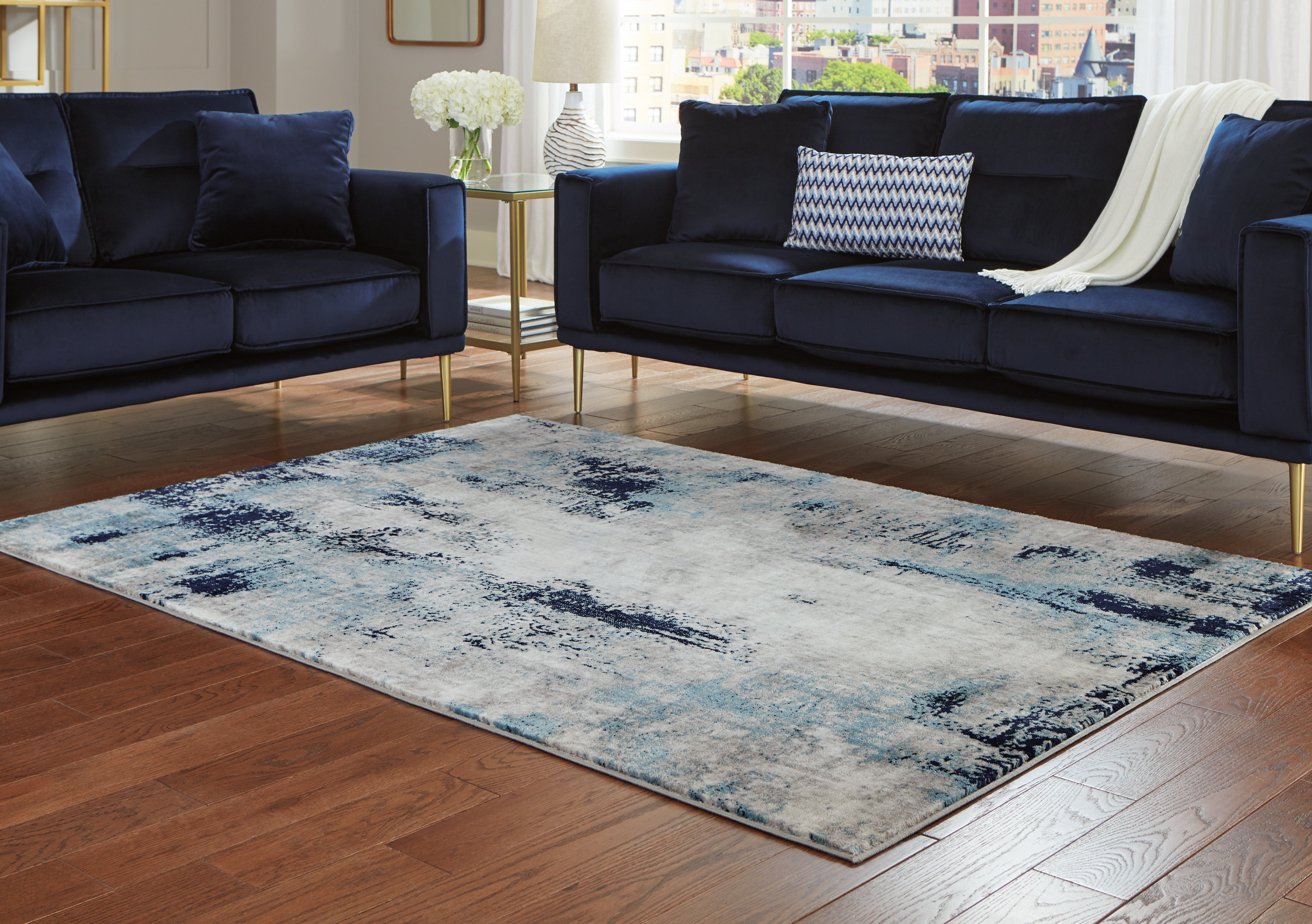 Hoover Furniture Outlet - Ashley Furniture - Leonelle 5'3" x 7'3" Rug - 5'3" x 7'3" Rug / Cream/Blue/Gray - R404872