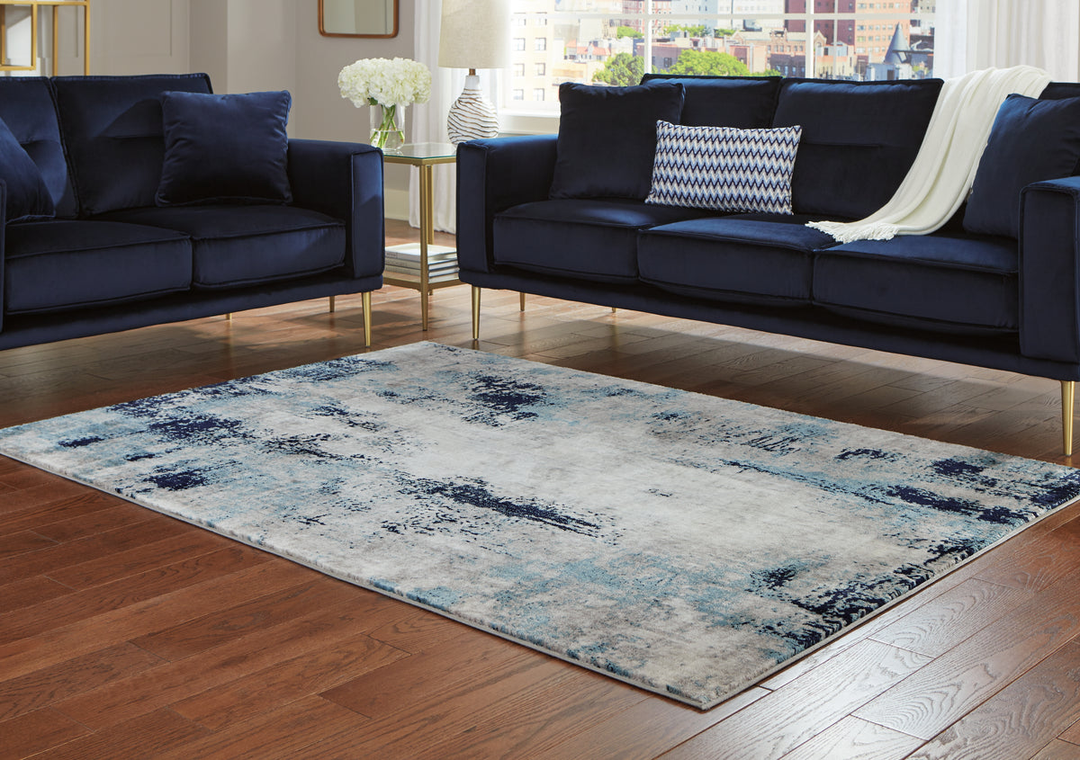 Hoover Furniture Outlet - Ashley Furniture - Leonelle 5'3" x 7'3" Rug - 5'3" x 7'3" Rug / Cream/Blue/Gray - R404872