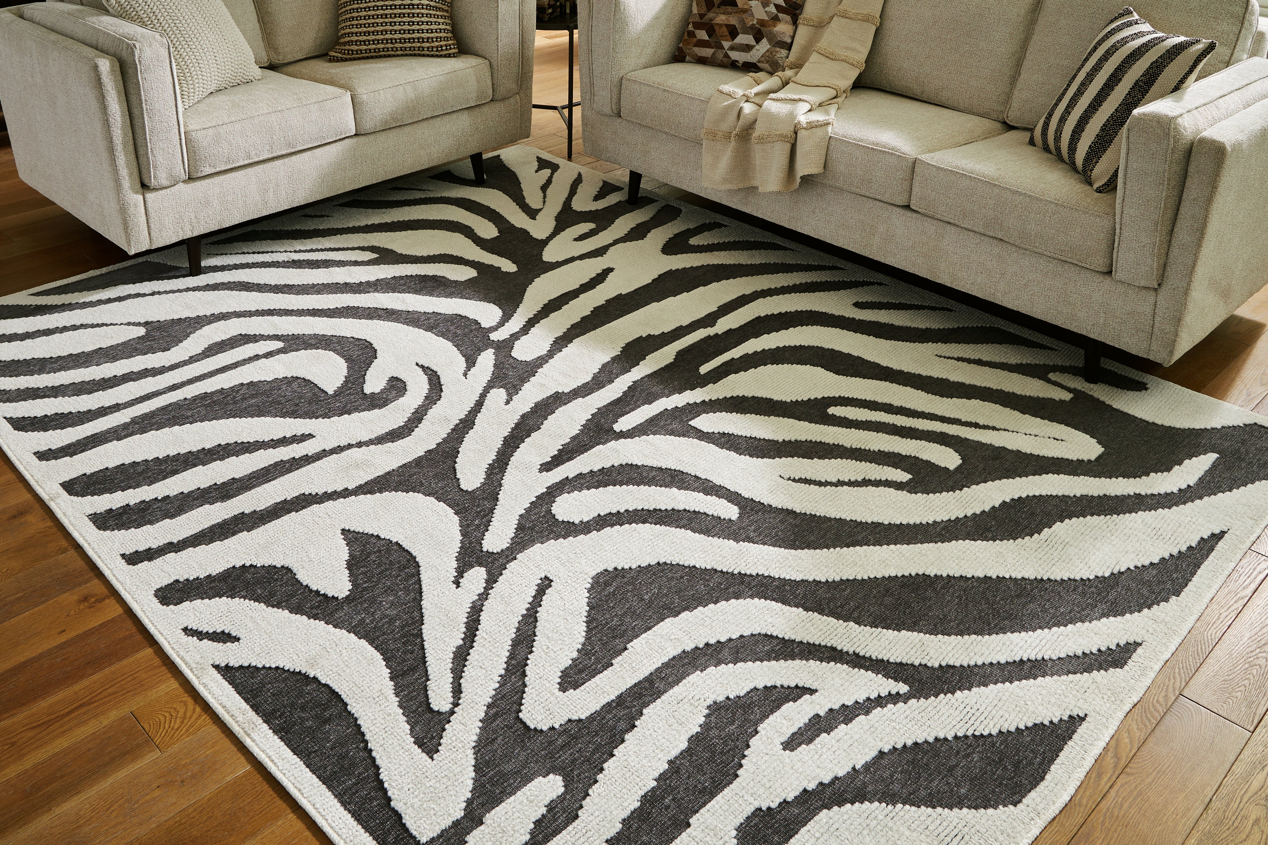 Hoover Furniture Outlet - Ashley Furniture - Thomwith 8' x 10'2" Washable Rug - 8' x 10'2" Washable Rug / Black/Ivory - R406291