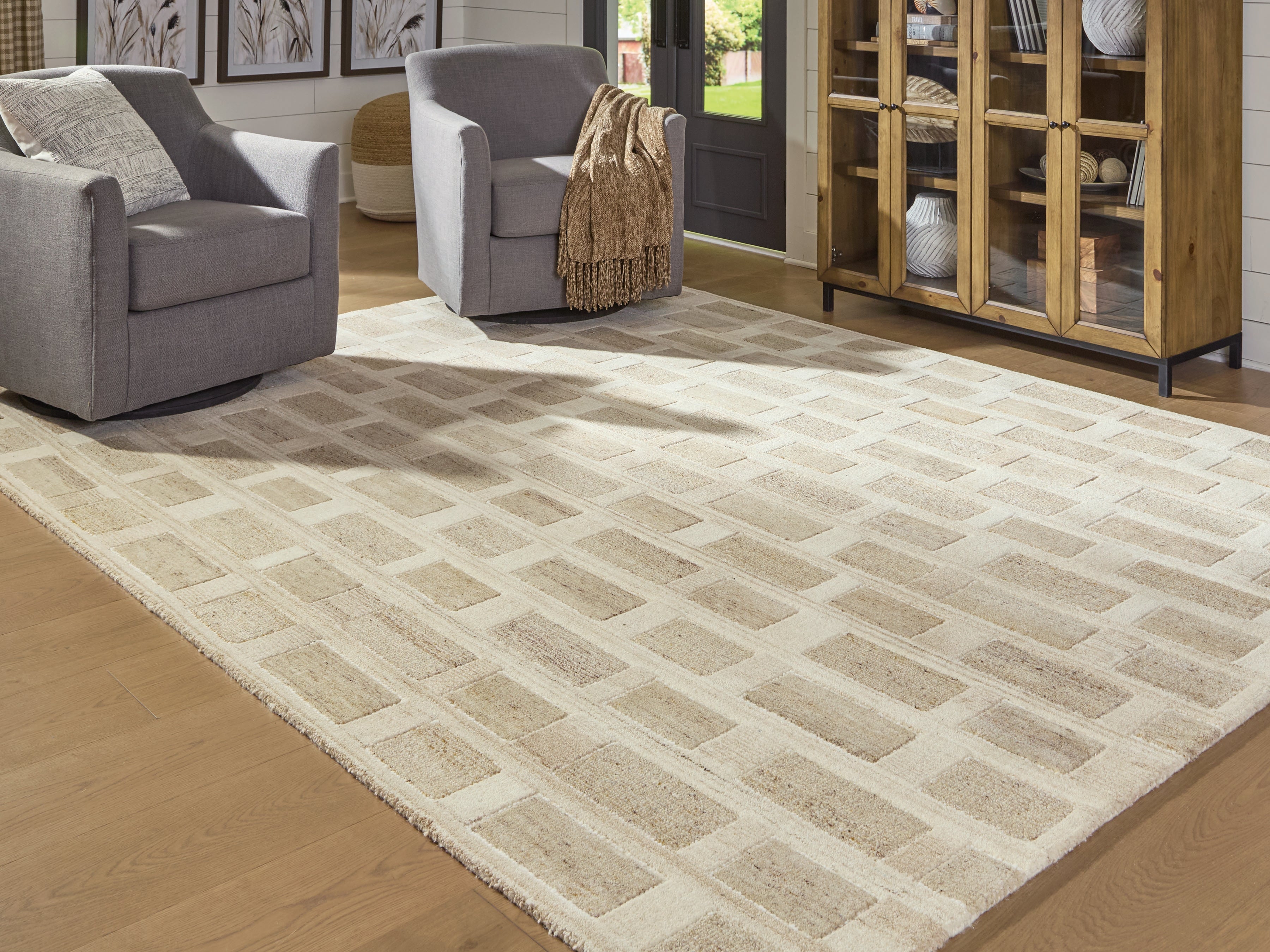 Hoover Furniture Outlet - Ashley Furniture - Lisgrove 7'8" x 10' Area Rug - 7'8" x 10' Area Rug / Tan/Brown/White - R407711