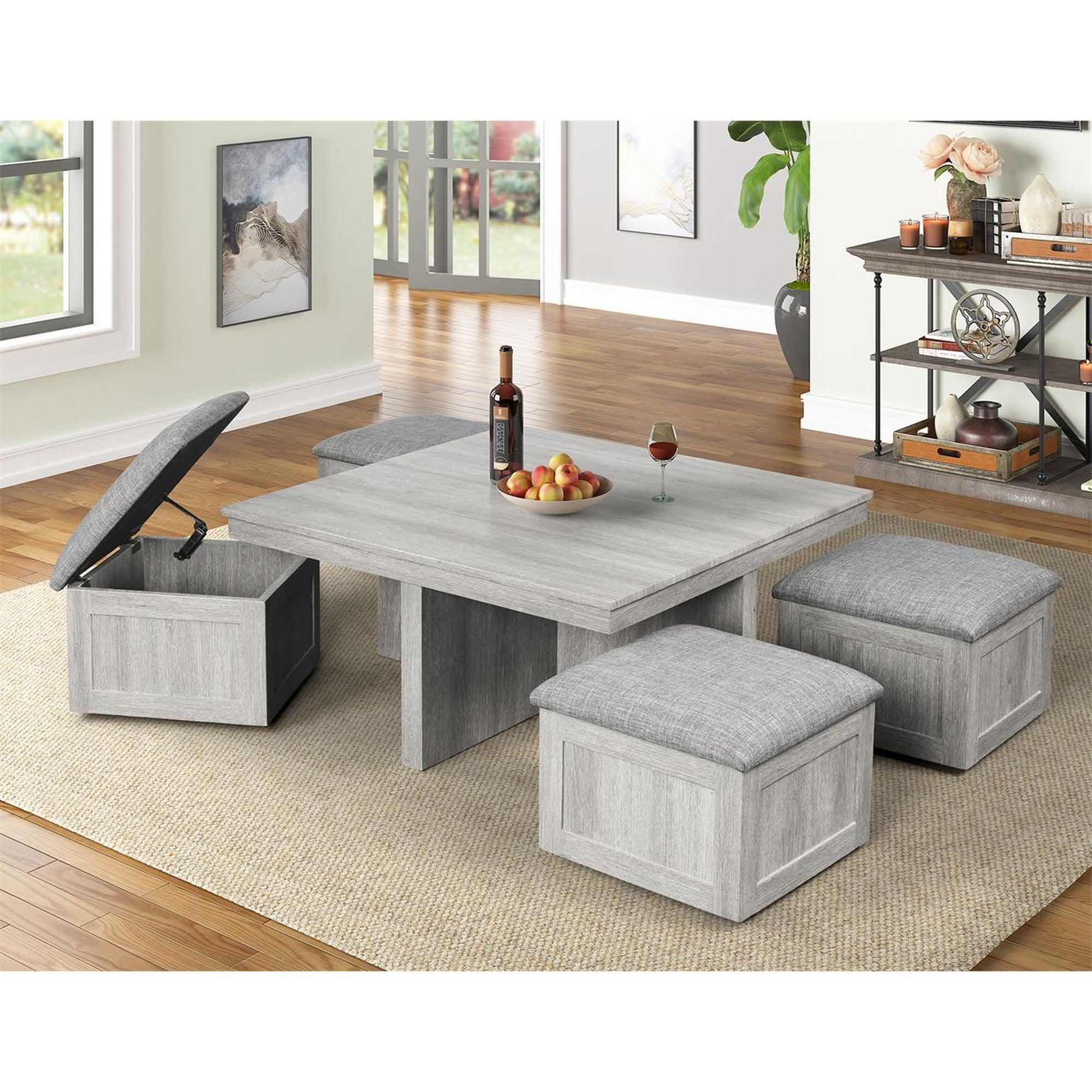 Uster Coffee Table W/Four storage Stools Grey – SKU CTUT100OT | Elements