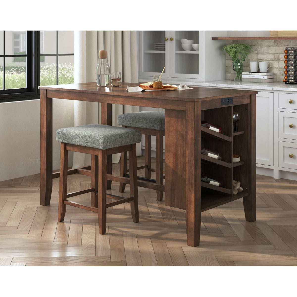 Santa Barbara Kitchen Island & 2 Counter Stools with Dark Grey Fabric in Walnut – SKU D-16550-5-KI | Elements