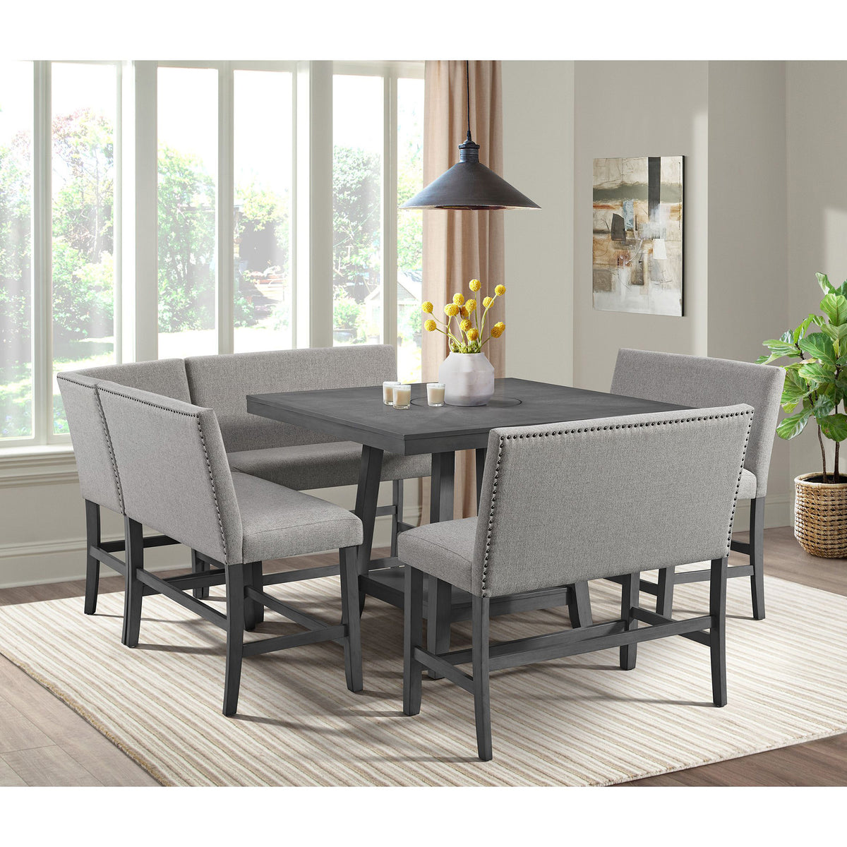 Seneca Counter Bench with Upholstered Back and Grey Fabric in Grey – SKU D-7670-3-CBN2 | Elements