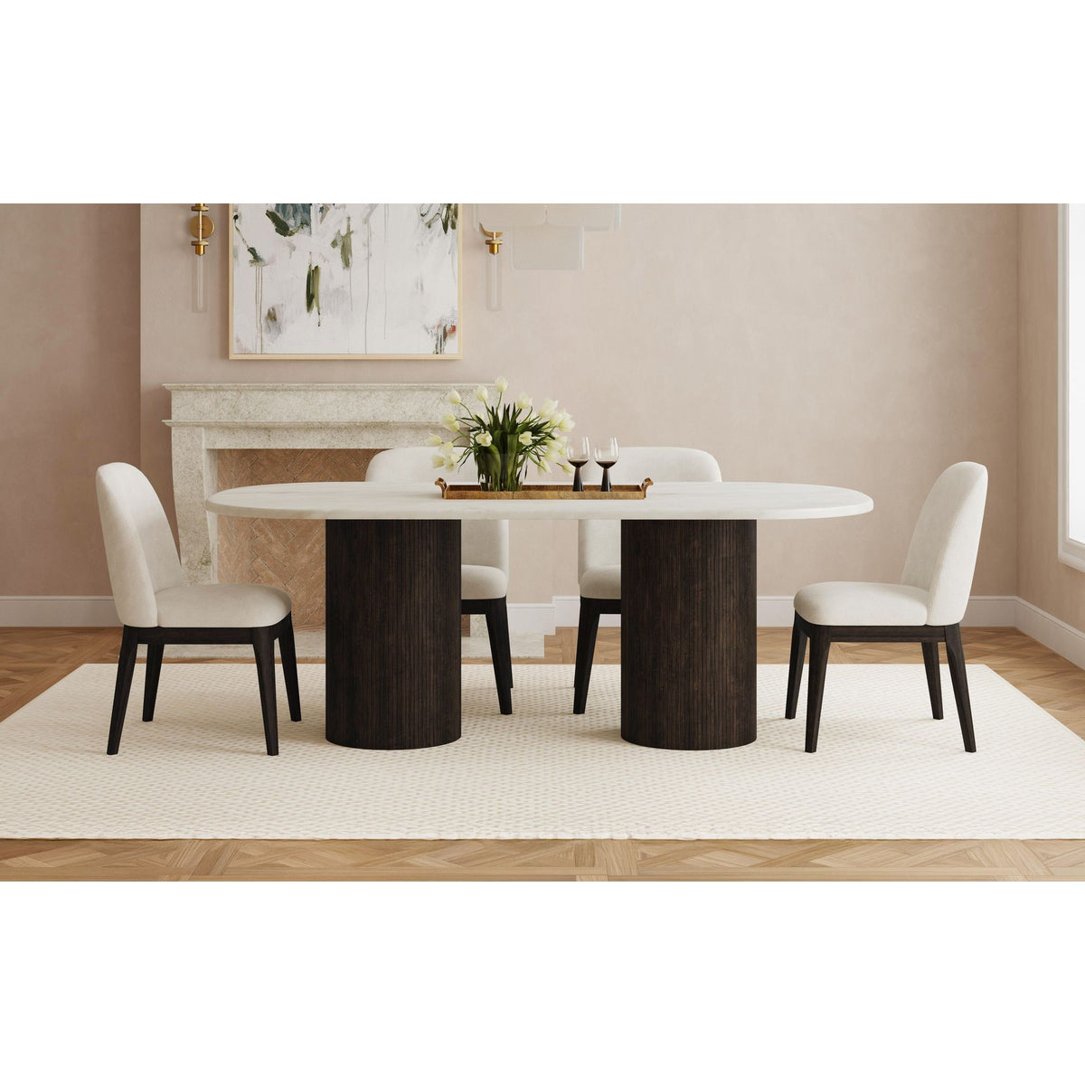 Sylvie Oval Dining Table with White Faux Marble Top in Dark Brown – SKU D-16000-5-DT | Elements