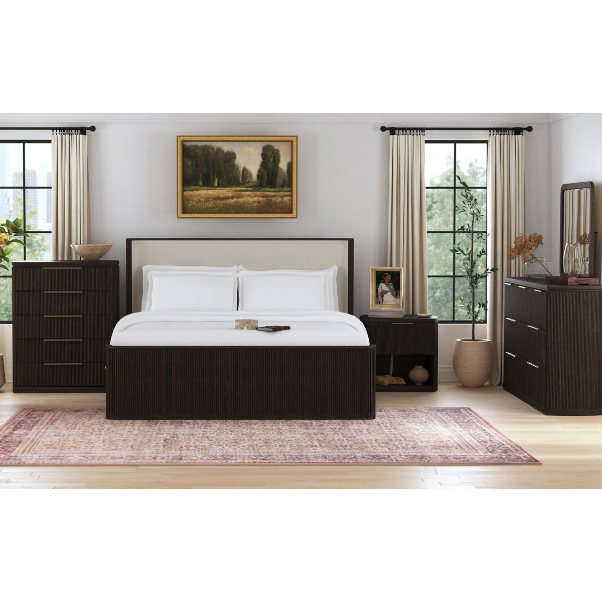 Sylvie Queen UPH Bed with White Fabric in Dark Brown – SKU B-16000-5-QUB | Elements