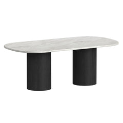 Sylvie Oval Dining Table with White Faux Marble Top in Black with Grain
