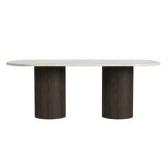 Sylvie Oval Dining Table with White Faux Marble Top in Dark Brown